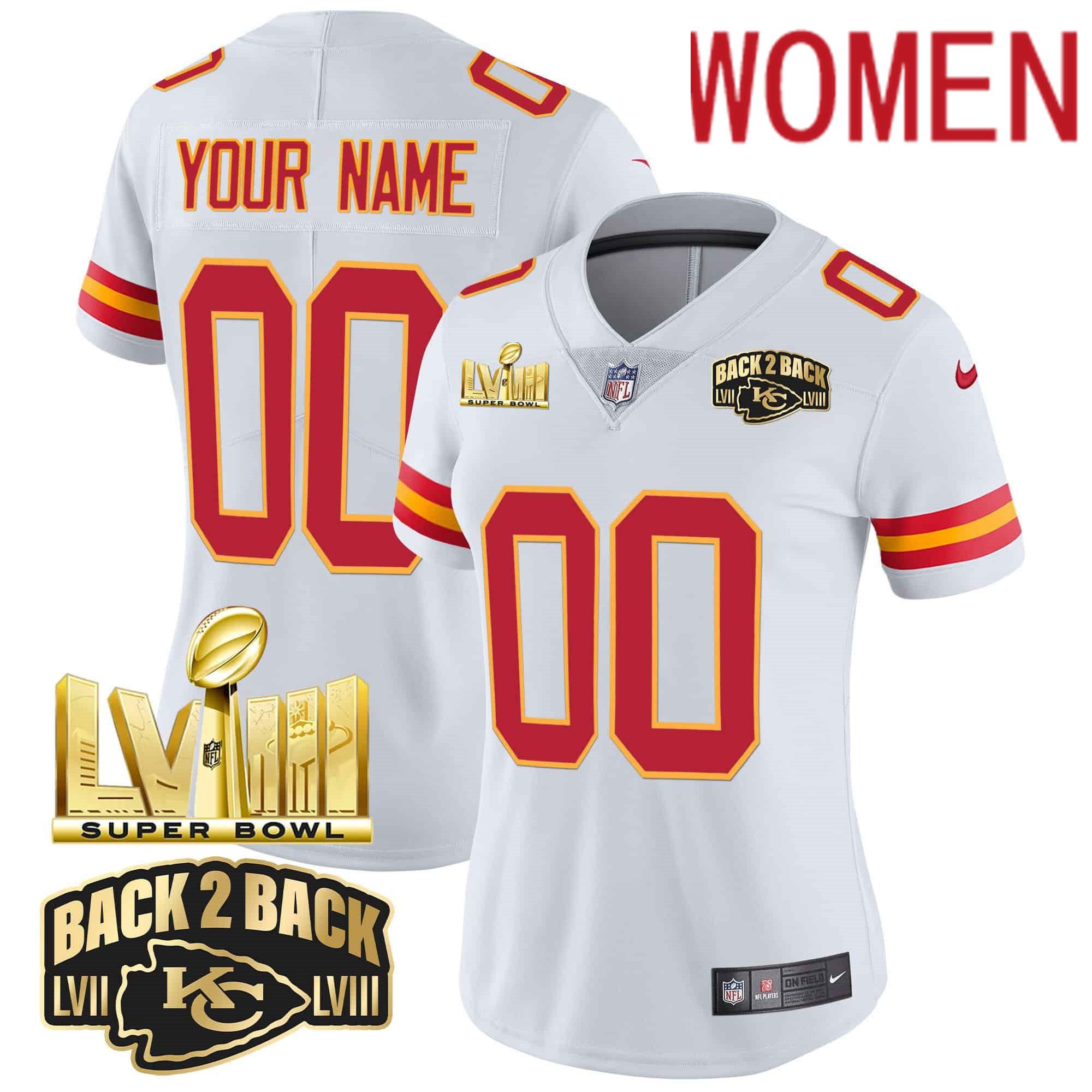 Women Kansas City Chiefs White 2024 Nike Super Bowl LVIII & Back-2-Back Gold Patch Vapor Custom NFL Jersey->customized nfl jersey->Custom Jersey